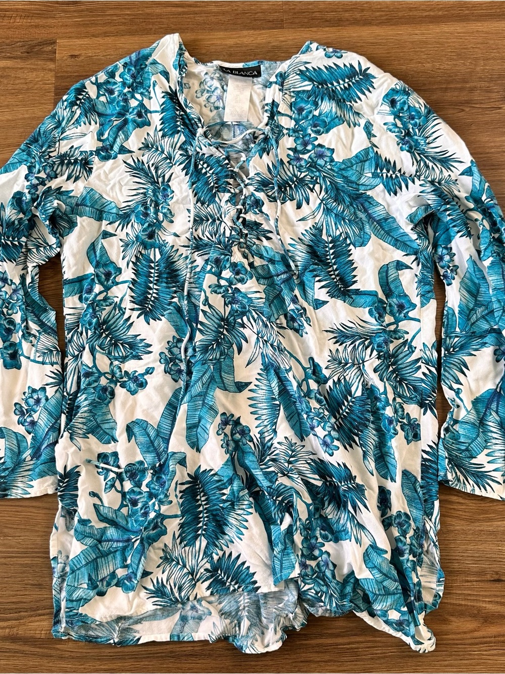 La Blanca‎ Lace Up Swim Cover Tunic Dress Large Floral Beach Lightweight Resort